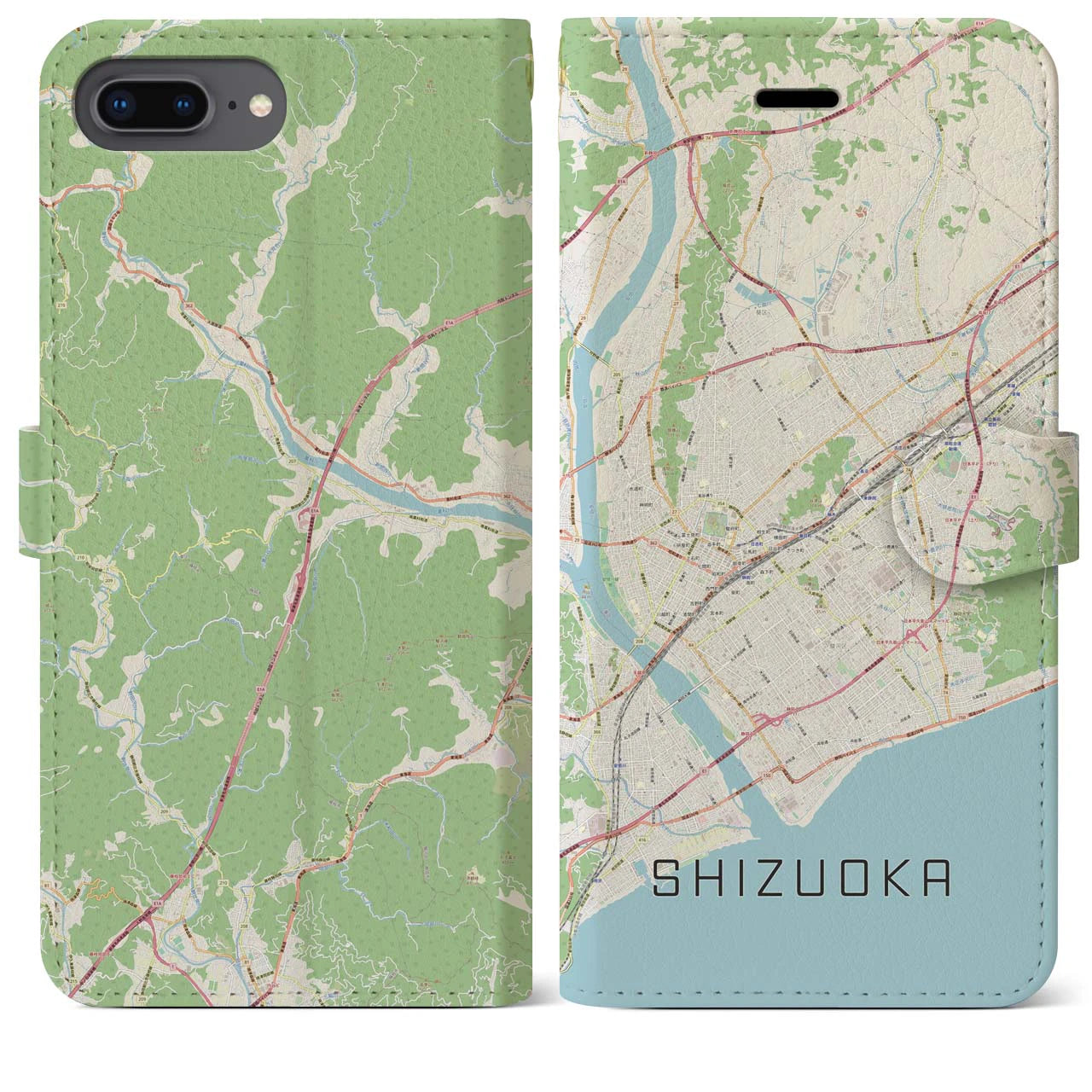 【静岡】地図柄iPhoneケース（手帳両面タイプ・ナチュラル）iPhone 8Plus /7Plus / 6sPlus / 6Plus 用