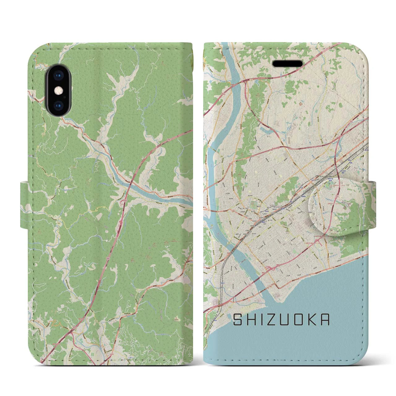 【静岡】地図柄iPhoneケース（手帳両面タイプ・ナチュラル）iPhone XS / X 用