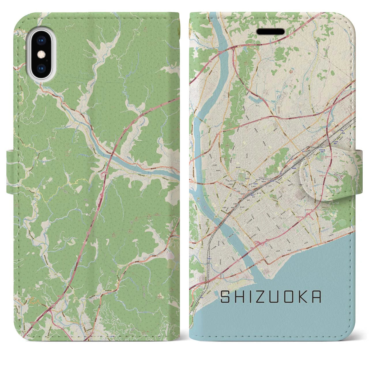 【静岡】地図柄iPhoneケース（手帳両面タイプ・ナチュラル）iPhone XS Max 用