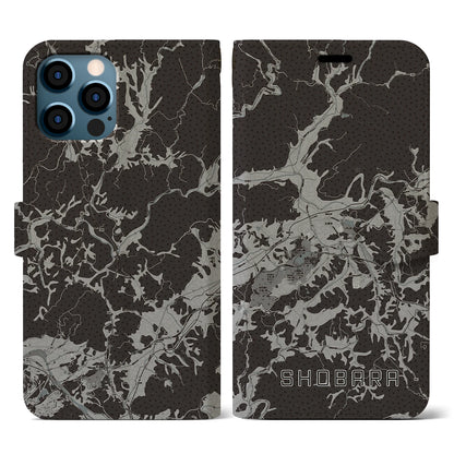 【庄原（広島県）】地図柄iPhoneケース（手帳タイプ）モノトーン・iPhone 12 / 12 Pro 用