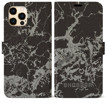 【庄原（広島県）】地図柄iPhoneケース（手帳タイプ）モノトーン・iPhone 12 Pro Max 用