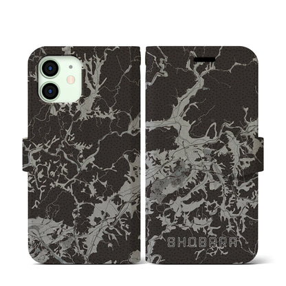 【庄原（広島県）】地図柄iPhoneケース（手帳タイプ）モノトーン・iPhone 12 mini 用