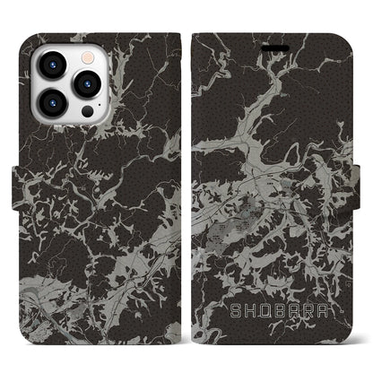 【庄原（広島県）】地図柄iPhoneケース（手帳タイプ）モノトーン・iPhone 13 Pro 用