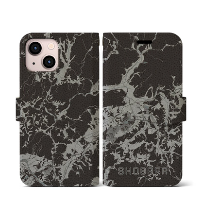 【庄原（広島県）】地図柄iPhoneケース（手帳タイプ）モノトーン・iPhone 13 mini 用