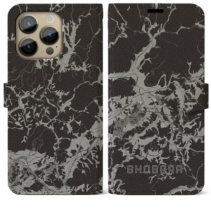 【庄原（広島県）】地図柄iPhoneケース（手帳タイプ）モノトーン・iPhone 14 Pro Max 用