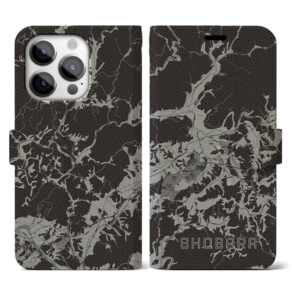 【庄原（広島県）】地図柄iPhoneケース（手帳タイプ）モノトーン・iPhone 14 Pro 用