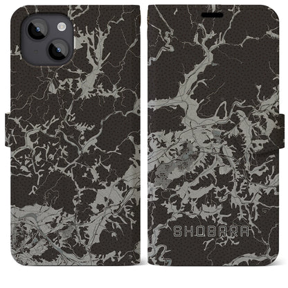 【庄原（広島県）】地図柄iPhoneケース（手帳タイプ）モノトーン・iPhone 14 Plus 用