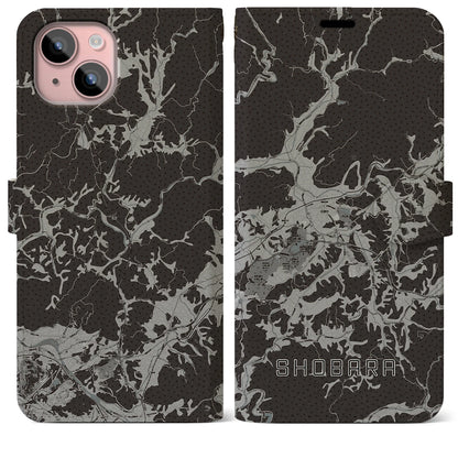 【庄原（広島県）】地図柄iPhoneケース（手帳タイプ）モノトーン・iPhone 15 Plus 用