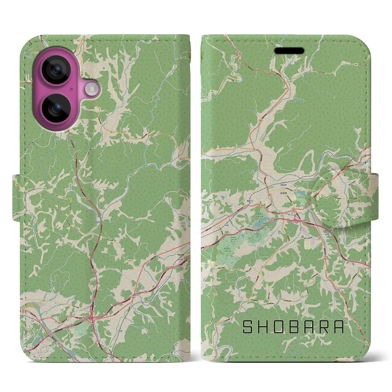 【庄原（広島県）】地図柄iPhoneケース（手帳タイプ）ナチュラル・iPhone 16 Pro 用