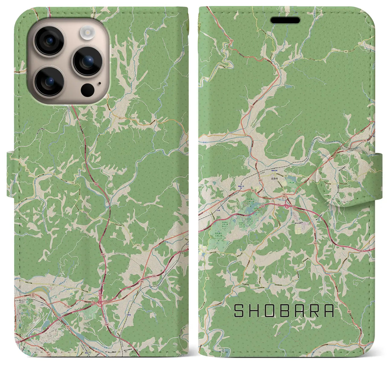 【庄原（広島県）】地図柄iPhoneケース（手帳タイプ）ナチュラル・iPhone 16 Plus 用