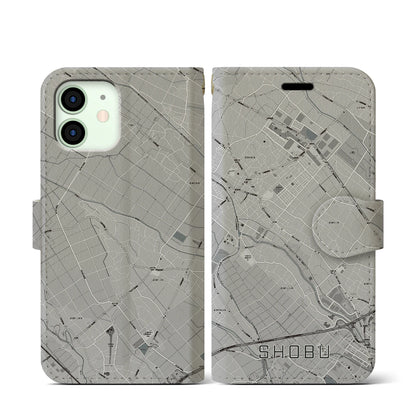 【菖蒲（埼玉県）】地図柄iPhoneケース（手帳タイプ）モノトーン・iPhone 12 mini 用