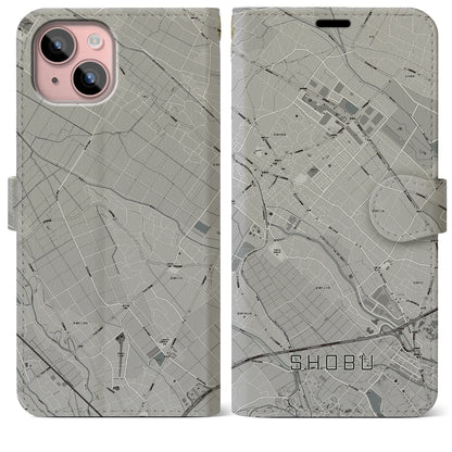 【菖蒲（埼玉県）】地図柄iPhoneケース（手帳タイプ）モノトーン・iPhone 15 Plus 用