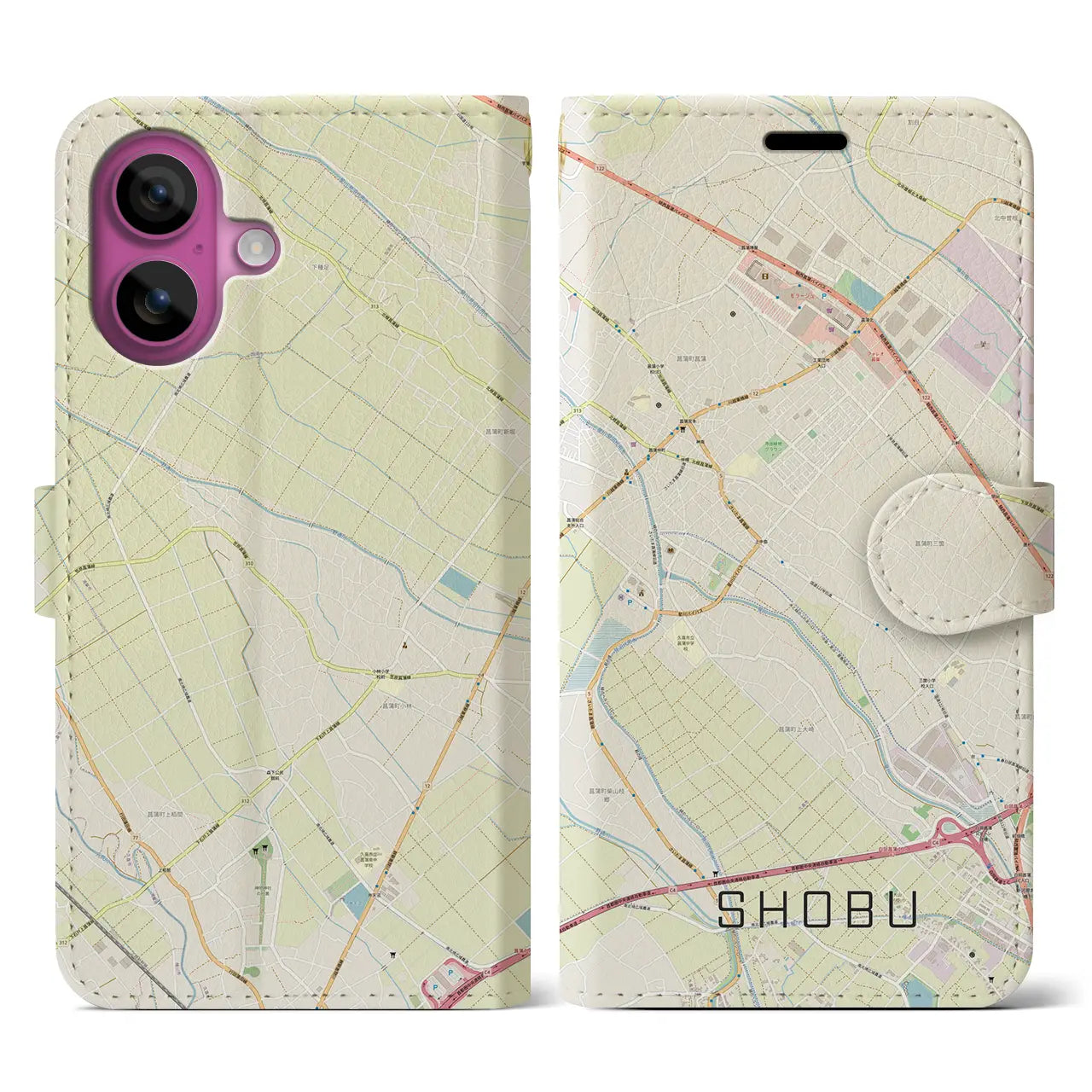 【菖蒲（埼玉県）】地図柄iPhoneケース（手帳タイプ）ナチュラル・iPhone 16 Pro 用