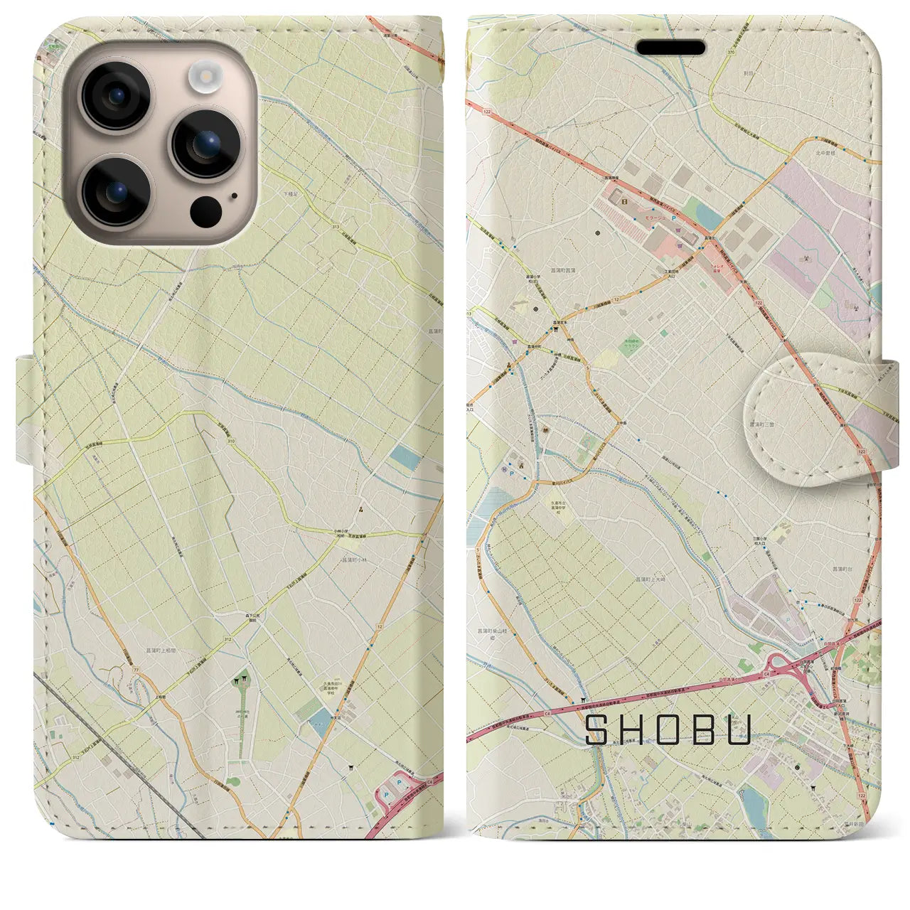 【菖蒲（埼玉県）】地図柄iPhoneケース（手帳タイプ）ナチュラル・iPhone 16 Plus 用