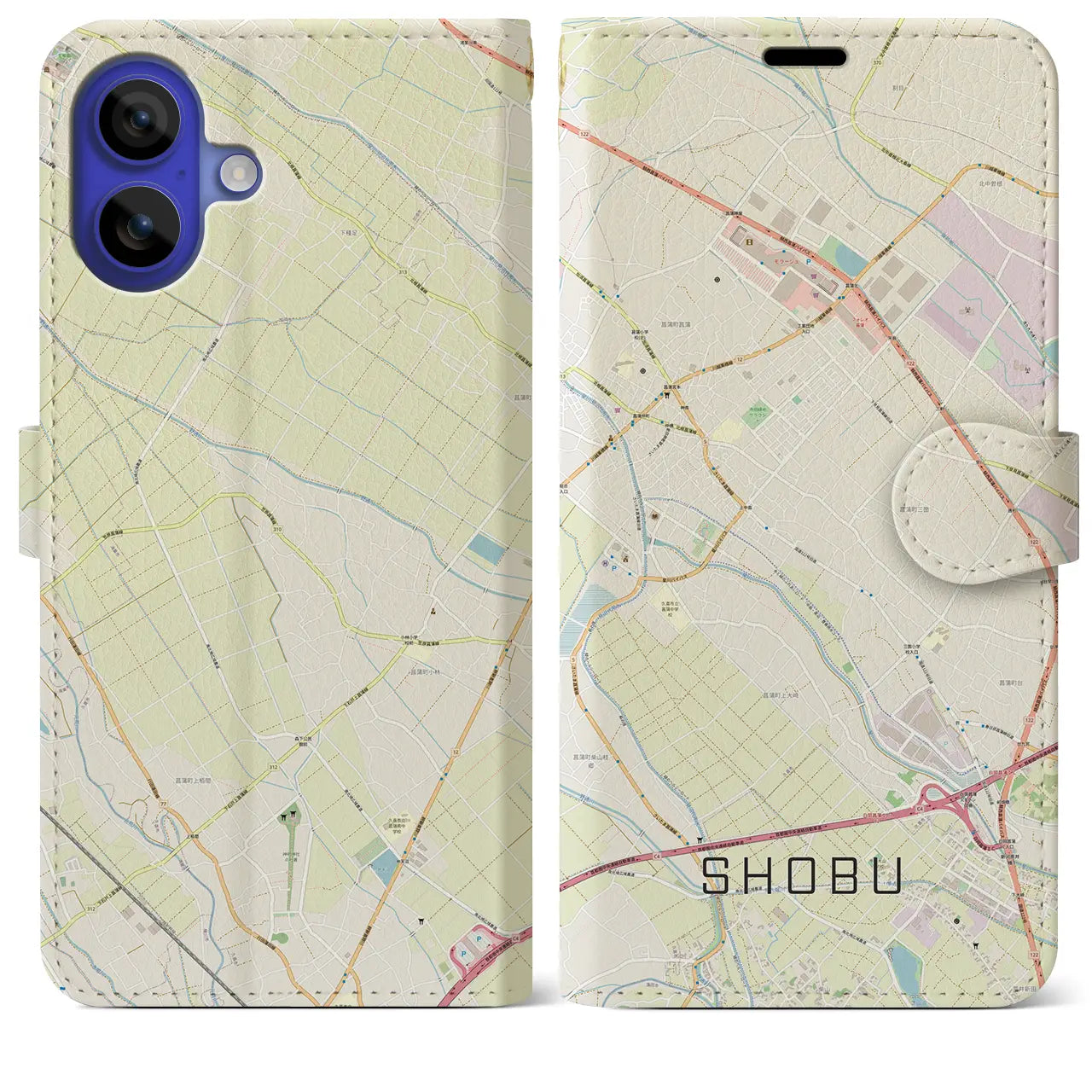 【菖蒲（埼玉県）】地図柄iPhoneケース（手帳タイプ）ナチュラル・iPhone 16 Pro Max 用