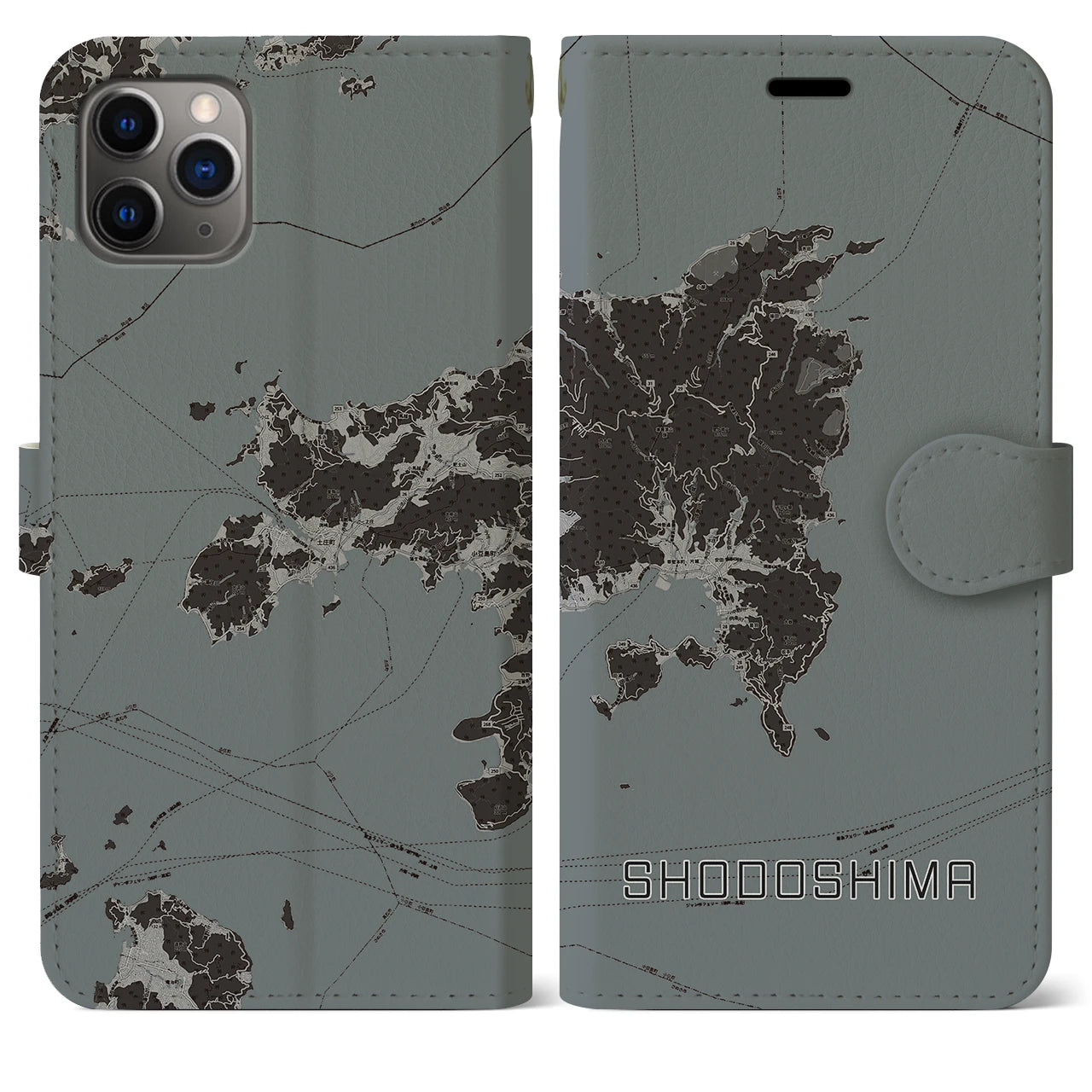 【小豆島】地図柄iPhoneケース（手帳両面タイプ・モノトーン）iPhone 11 Pro Max 用
