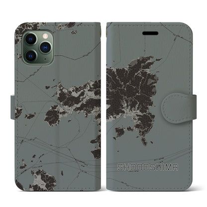 【小豆島（香川県）】地図柄iPhoneケース（手帳タイプ）モノトーン・iPhone 11 Pro 用