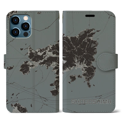 【小豆島（香川県）】地図柄iPhoneケース（手帳タイプ）モノトーン・iPhone 12 / 12 Pro 用