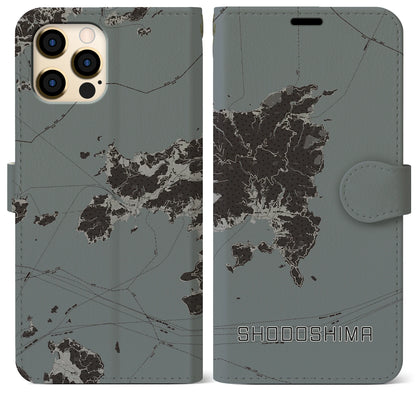 【小豆島（香川県）】地図柄iPhoneケース（手帳タイプ）モノトーン・iPhone 12 Pro Max 用
