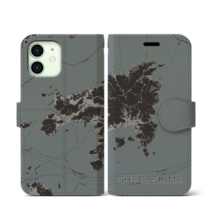 【小豆島（香川県）】地図柄iPhoneケース（手帳タイプ）モノトーン・iPhone 12 mini 用