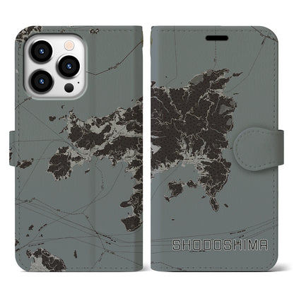 【小豆島（香川県）】地図柄iPhoneケース（手帳タイプ）モノトーン・iPhone 13 Pro 用
