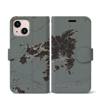 【小豆島（香川県）】地図柄iPhoneケース（手帳タイプ）モノトーン・iPhone 13 mini 用
