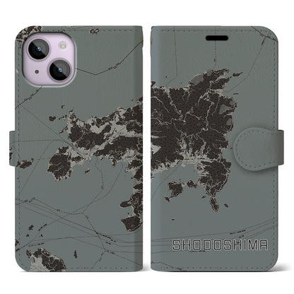 【小豆島（香川県）】地図柄iPhoneケース（手帳タイプ）モノトーン・iPhone 14 用