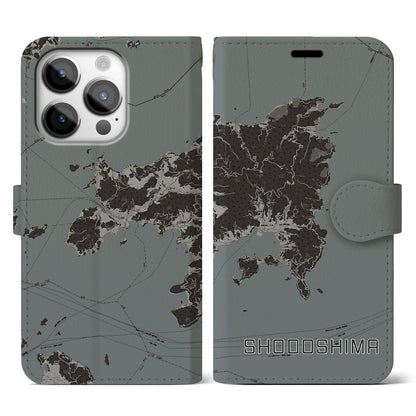 【小豆島（香川県）】地図柄iPhoneケース（手帳タイプ）モノトーン・iPhone 14 Pro 用