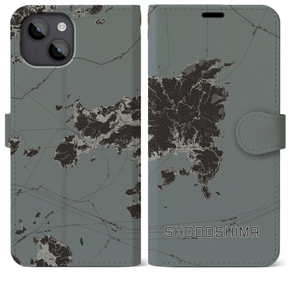 【小豆島（香川県）】地図柄iPhoneケース（手帳タイプ）モノトーン・iPhone 14 Plus 用