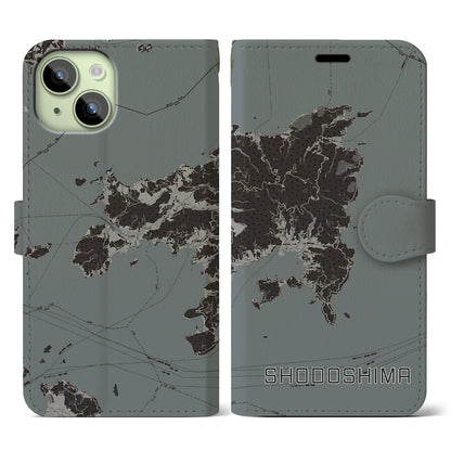 【小豆島（香川県）】地図柄iPhoneケース（手帳タイプ）モノトーン・iPhone 15 用