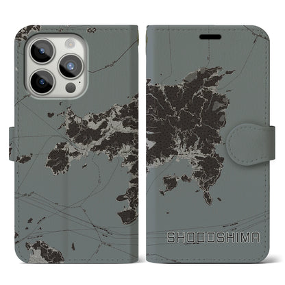 【小豆島（香川県）】地図柄iPhoneケース（手帳タイプ）モノトーン・iPhone 15 Pro 用