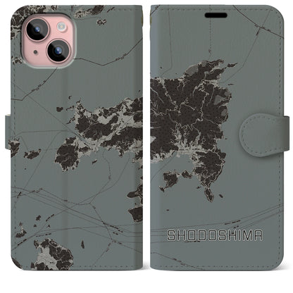 【小豆島（香川県）】地図柄iPhoneケース（手帳タイプ）モノトーン・iPhone 15 Plus 用