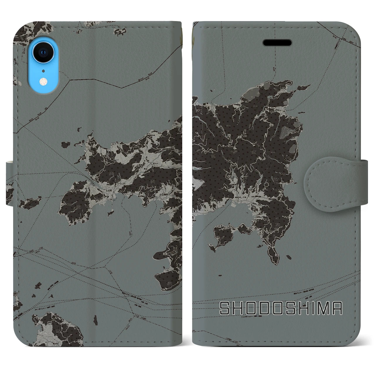 【小豆島】地図柄iPhoneケース（手帳両面タイプ・モノトーン）iPhone XR 用
