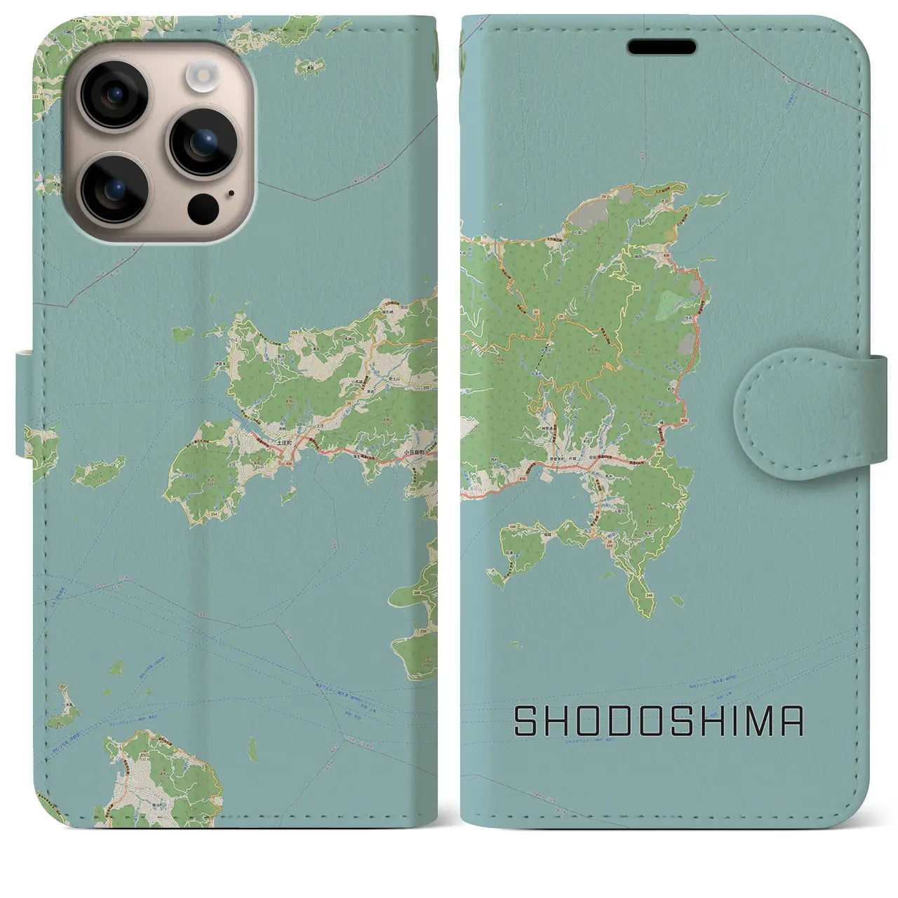 【小豆島（香川県）】地図柄iPhoneケース（手帳タイプ）ナチュラル・iPhone 16 Plus 用