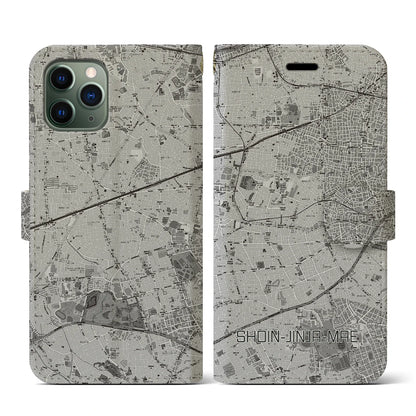 【松陰神社前（東京都）】地図柄iPhoneケース（手帳タイプ）モノトーン・iPhone 11 Pro 用