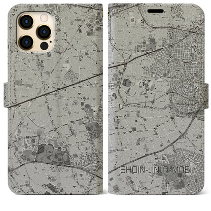 【松陰神社前（東京都）】地図柄iPhoneケース（手帳タイプ）モノトーン・iPhone 12 Pro Max 用