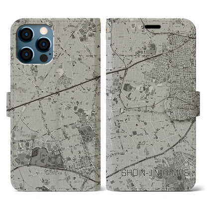 【松陰神社前（東京都）】地図柄iPhoneケース（手帳タイプ）モノトーン・iPhone 12 / 12 Pro 用