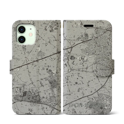 【松陰神社前（東京都）】地図柄iPhoneケース（手帳タイプ）モノトーン・iPhone 12 mini 用