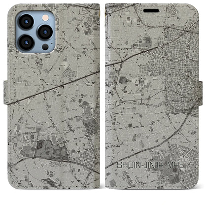 【松陰神社前（東京都）】地図柄iPhoneケース（手帳タイプ）モノトーン・iPhone 13 Pro Max 用