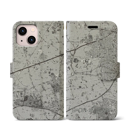 【松陰神社前（東京都）】地図柄iPhoneケース（手帳タイプ）モノトーン・iPhone 13 mini 用