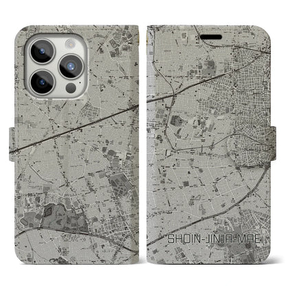 【松陰神社前（東京都）】地図柄iPhoneケース（手帳タイプ）モノトーン・iPhone 15 Pro 用