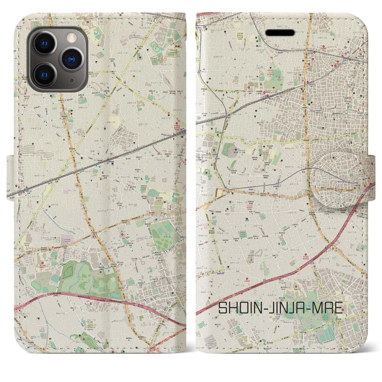 【松陰神社前】地図柄iPhoneケース（手帳両面タイプ・ナチュラル）iPhone 11 Pro Max 用