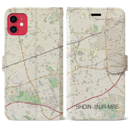 【松陰神社前（東京都）】地図柄iPhoneケース（手帳タイプ）ナチュラル・iPhone 11 用