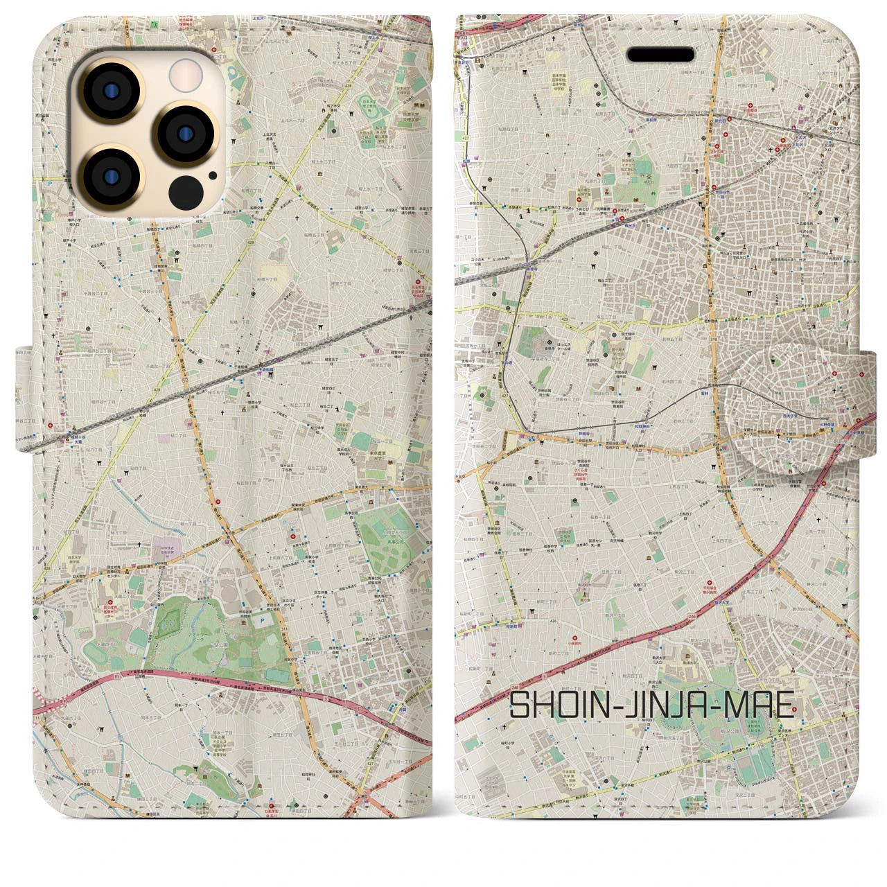 【松陰神社前】地図柄iPhoneケース（手帳両面タイプ・ナチュラル）iPhone 12 Pro Max 用