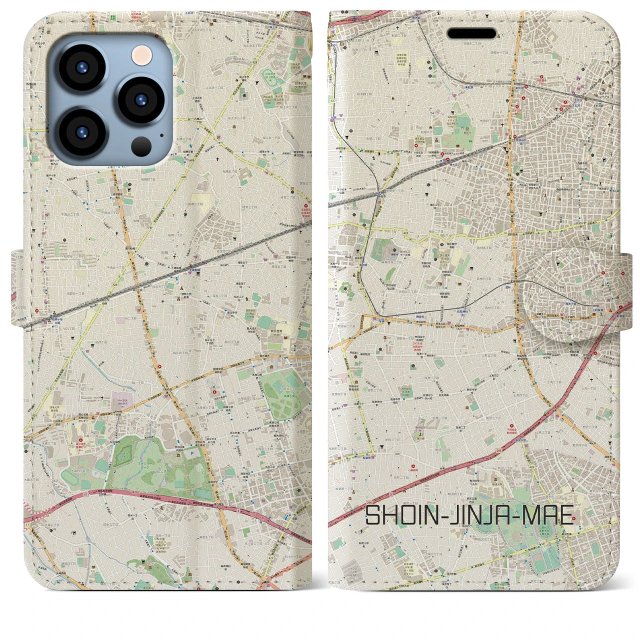 【松陰神社前】地図柄iPhoneケース（手帳両面タイプ・ナチュラル）iPhone 13 Pro Max 用