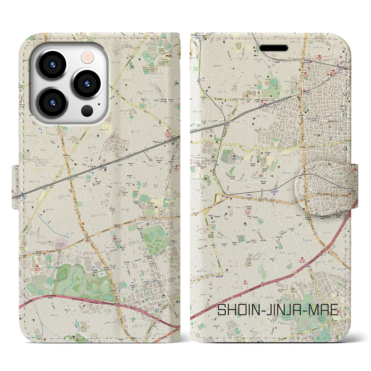 【松陰神社前】地図柄iPhoneケース（手帳両面タイプ・ナチュラル）iPhone 13 Pro 用
