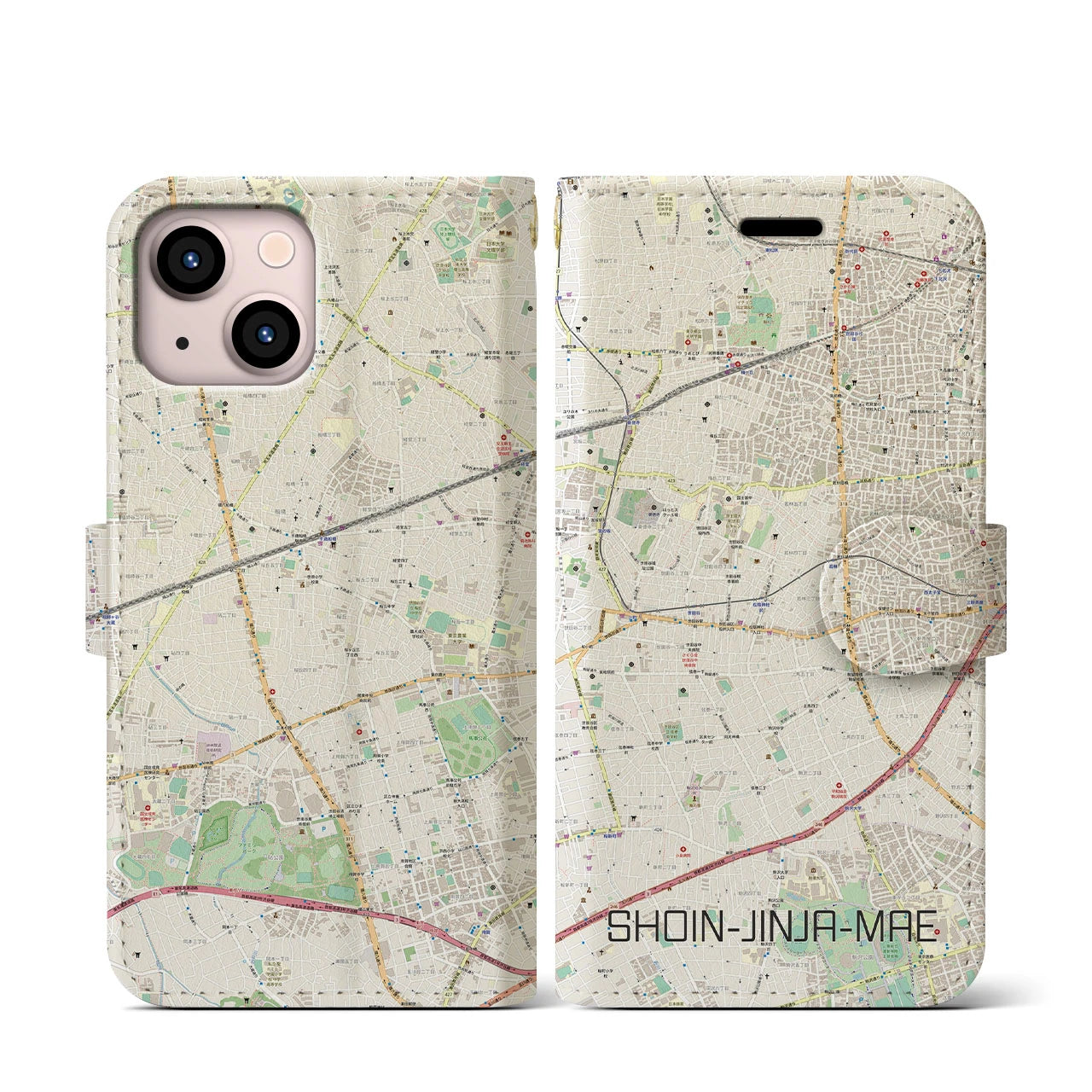 【松陰神社前】地図柄iPhoneケース（手帳両面タイプ・ナチュラル）iPhone 13 mini 用