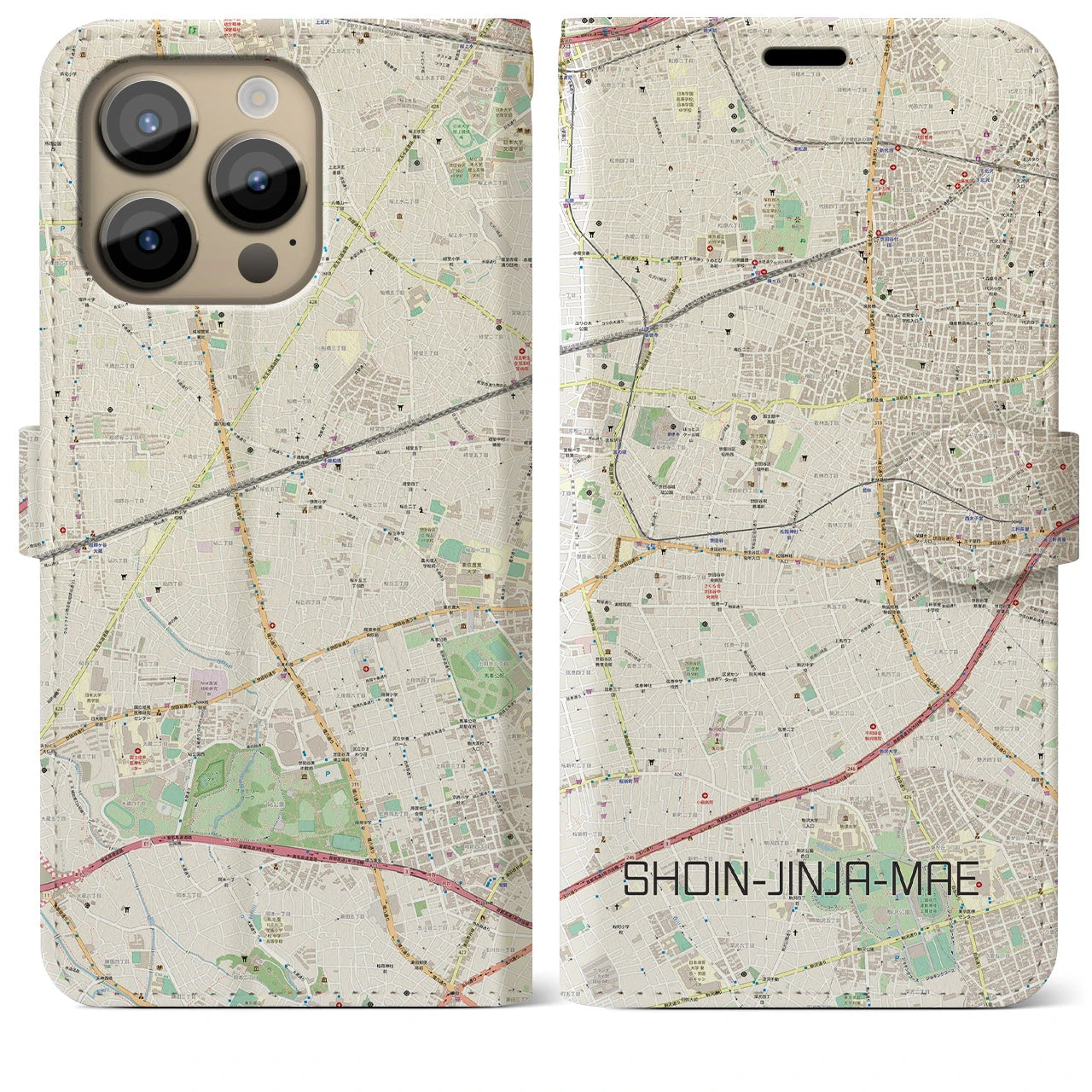 【松陰神社前】地図柄iPhoneケース（手帳両面タイプ・ナチュラル）iPhone 14 Pro Max 用