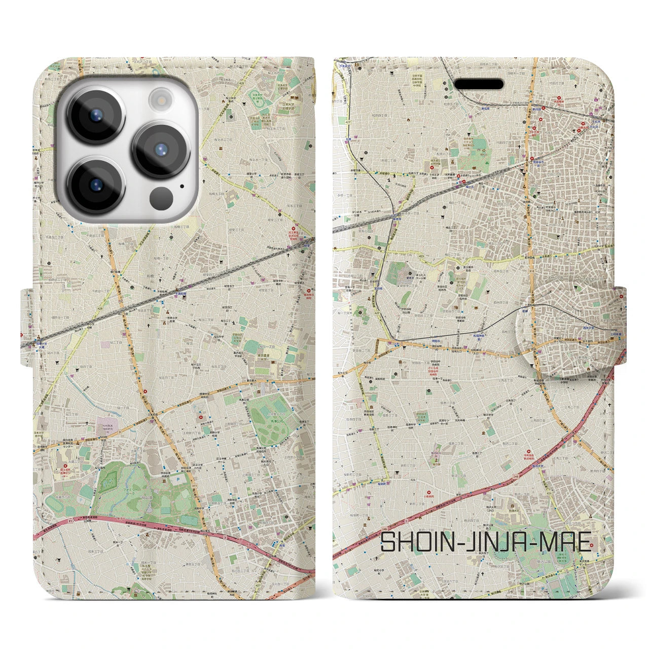 【松陰神社前】地図柄iPhoneケース（手帳両面タイプ・ナチュラル）iPhone 14 Pro 用