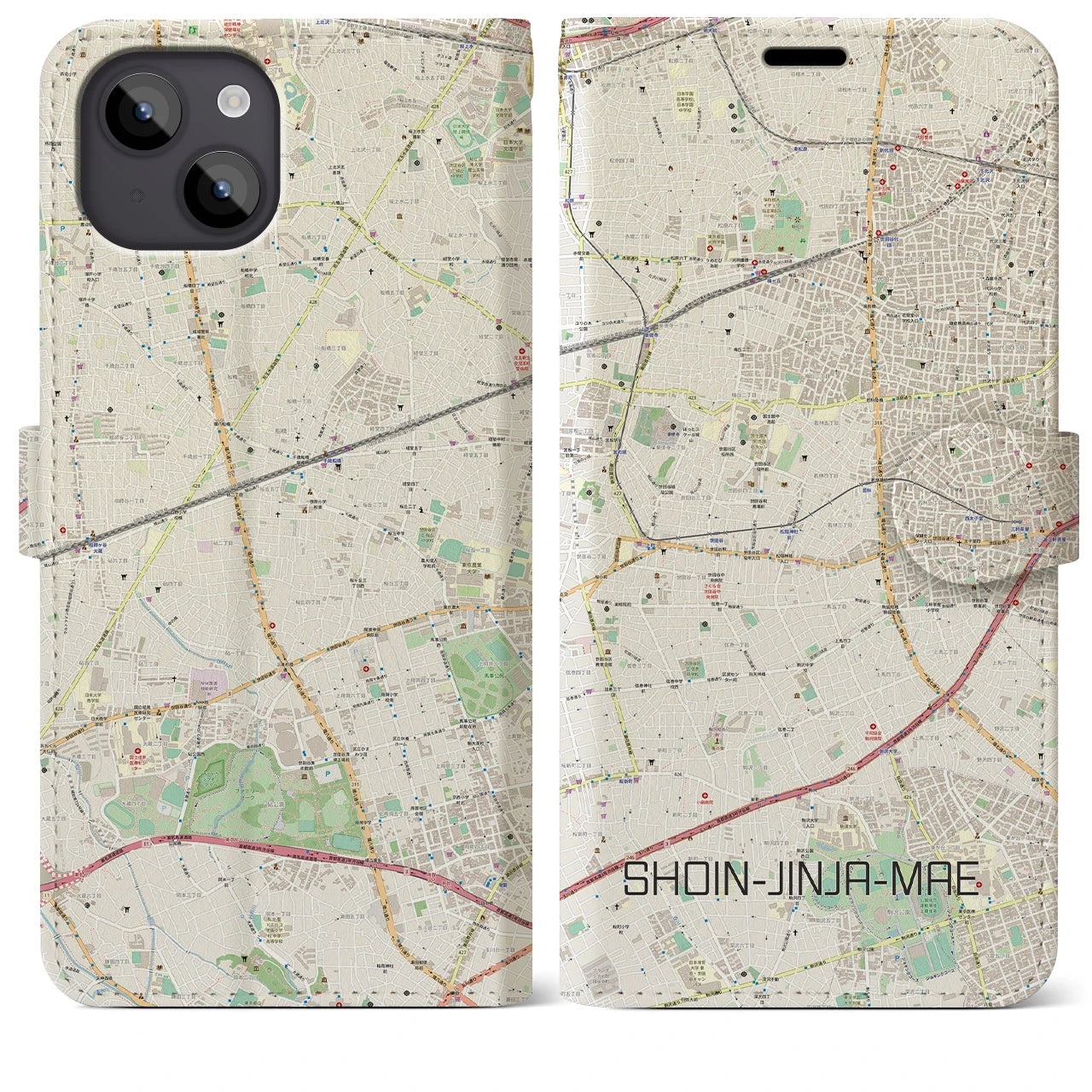 【松陰神社前】地図柄iPhoneケース（手帳両面タイプ・ナチュラル）iPhone 14 Plus 用